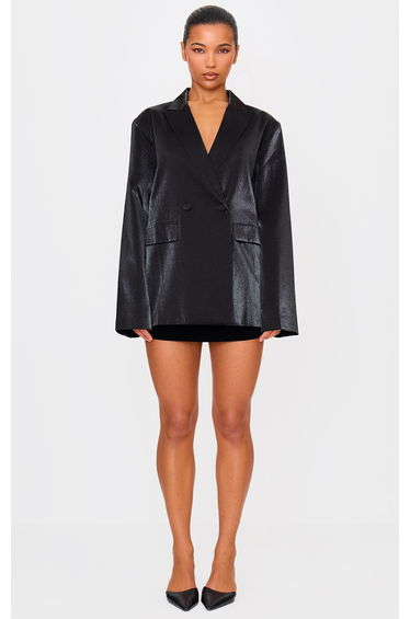 Black Satin Look Oversized Curved Hem Boxy Blazer