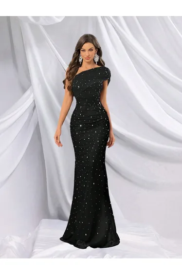 QOQ Black Beaded One-Shoulder Evening Dress
