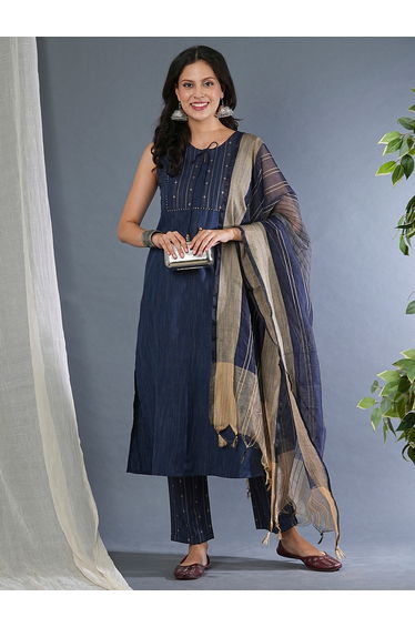 Sleeveless Tie-Up Neck Straight Kurta with Pants and Dupatta Set