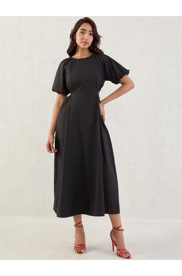 Black Solid Poplin Cut Out A-Line Dress