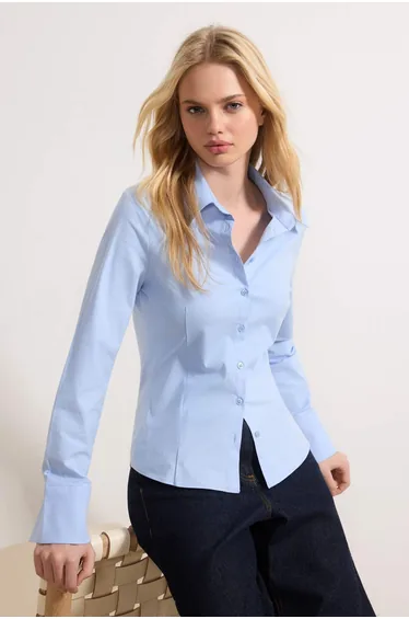 Wardrobe Essentials Light Blue Lightweight Waist-Fitted Cotton Woven Shirt