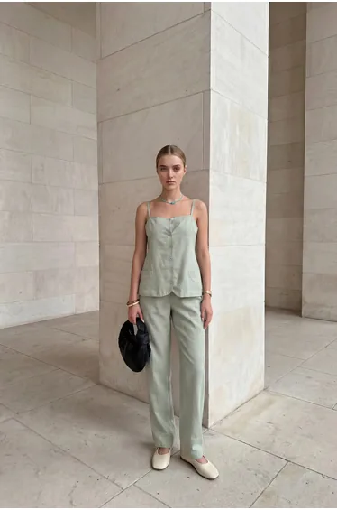 MY FASHION V-Neck Buttoned Vest with Pockets & Straight Leg Pants Two-Piece Set