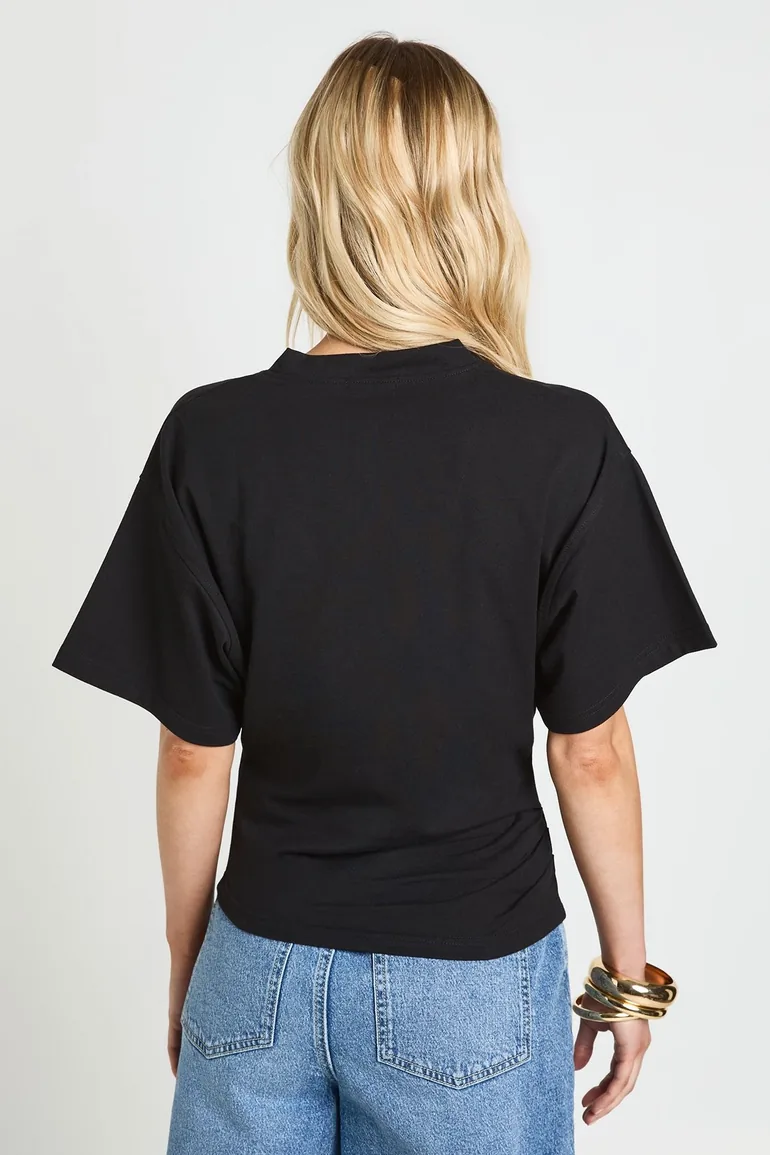 Petite V-Neck Cinched Waist T-Shirt - black - 2