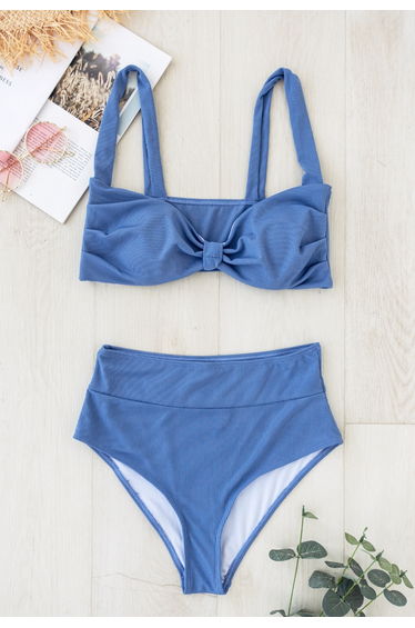 Twisted Knot Front Ribbed Bikini Set in Blue