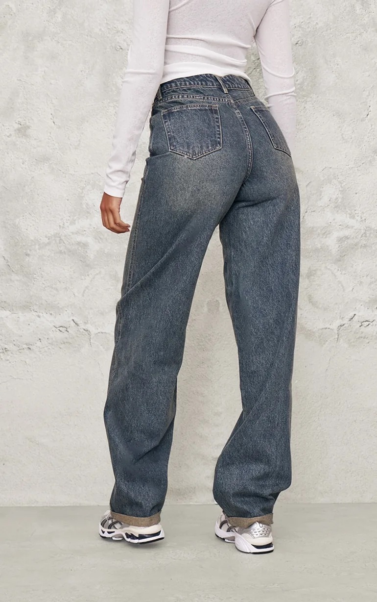 Tall Vintage Wash High Waist Turn Up Hem Barrel Style Jeans - 2