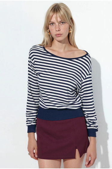 BUSEM Women's Striped Long-sleeve Ribbed T-shirt