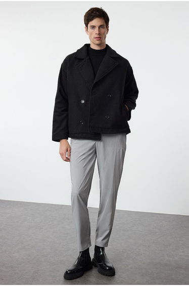 Black Regular Fit Short Double Breasted Winter Stash Coat