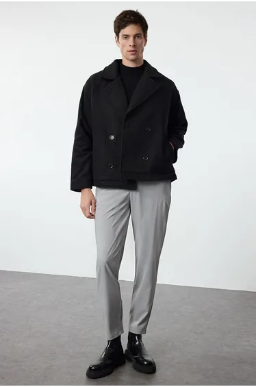 Black Regular Fit Short Double Breasted Winter Stash Coat