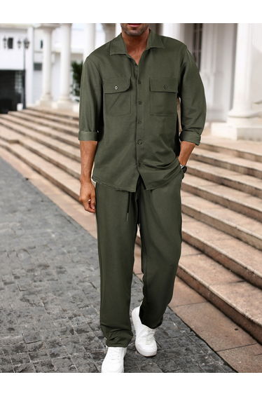 Men Khaki Chest Pockets Shirt and Trousers Co-Ords