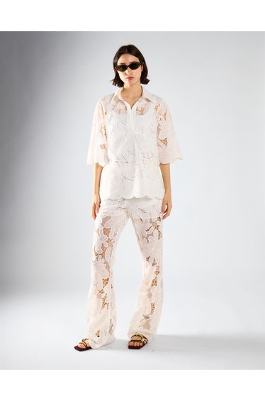 White Embroidered Flare Short Sleeve Shirt