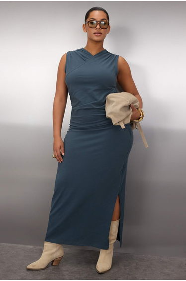 Petrol Double Breasted Collar Side Gathered Knitted Plus Size Dress