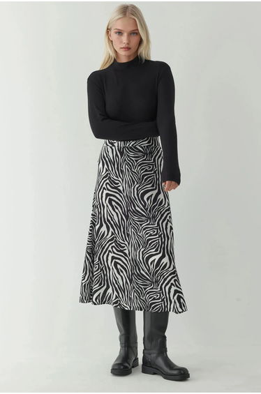 High Waist Zebra Print Midi Skirt
