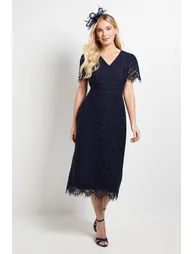 Petite Lace Seam Detail Pencil Midi Dress