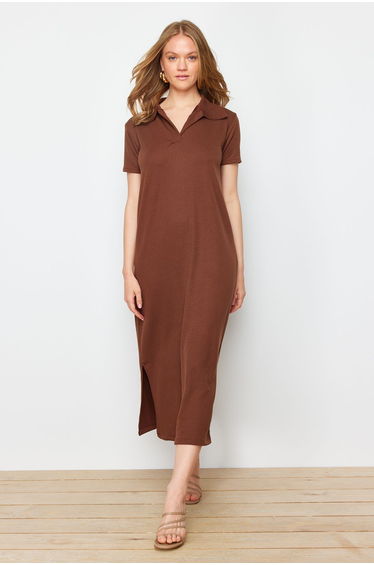 Brown Polo Neck Shift/Nromal Cut Knitted Dress