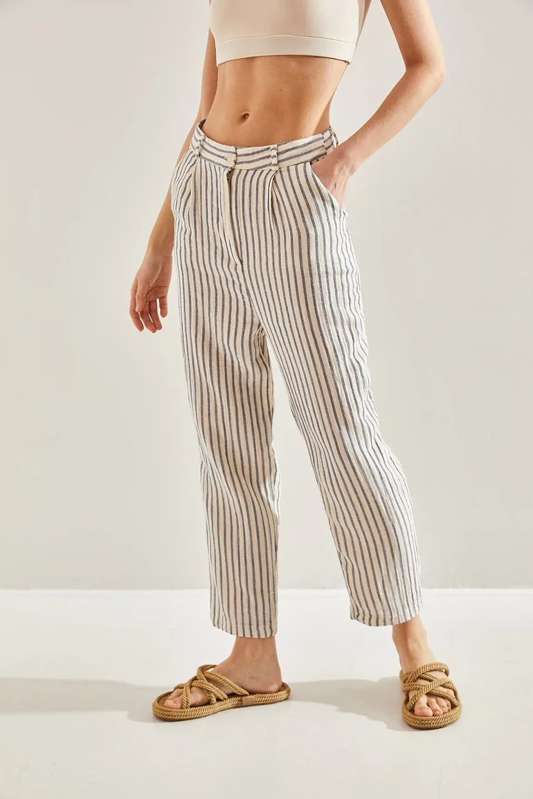 Women's Striped Front Pop Up Trousers - 1