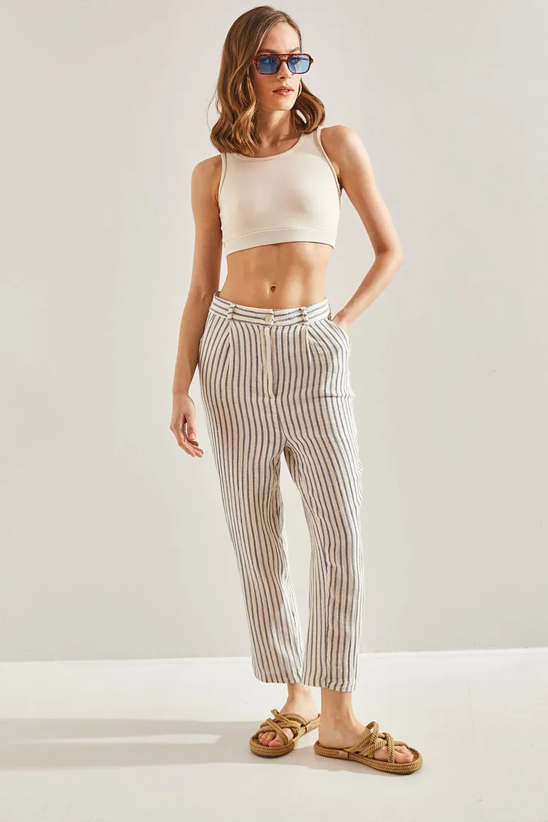 Women's Striped Front Pop Up Trousers - 3