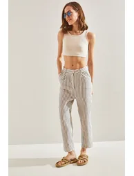 Women's Striped Front Pop Up Trousers - 4