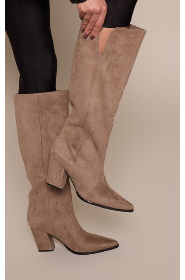 Taupe Faux Suede Point Toe Block Heeled Knee High Boots