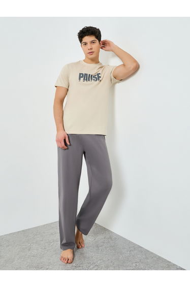 Men Beige Graphic Print T-Shirt and Pyjama Set