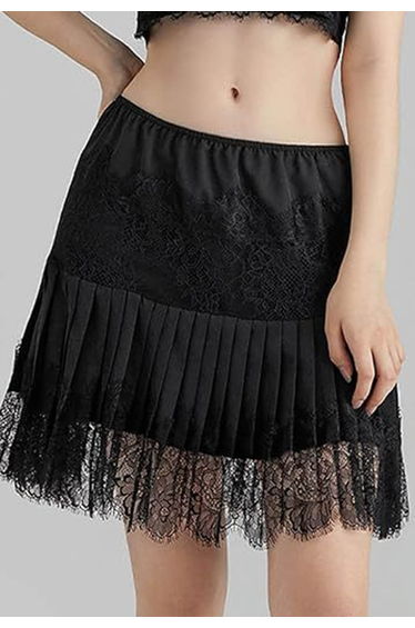 Seductive Lace Panelled Pleated Mini Skirt in Black