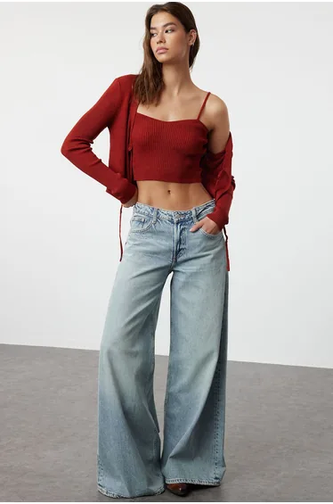 Tile Crop Tie Detailed Blouse-Cardigan Knitwear Suit