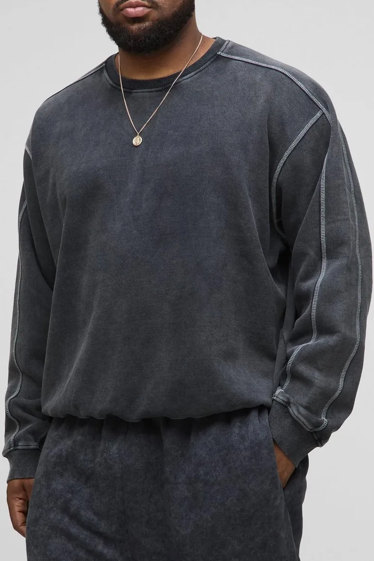 Plus Oversized Boxy Acid Wash Contrast Stitch Sweater - black - 1