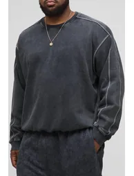 Plus Oversized Boxy Acid Wash Contrast Stitch Sweater - black - 1