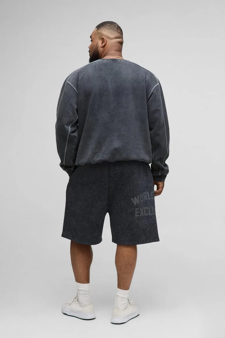 Plus Oversized Boxy Acid Wash Contrast Stitch Sweater - black - 2