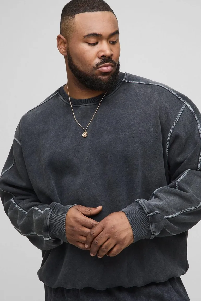 Plus Oversized Boxy Acid Wash Contrast Stitch Sweater - black