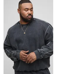 Plus Oversized Boxy Acid Wash Contrast Stitch Sweater - black