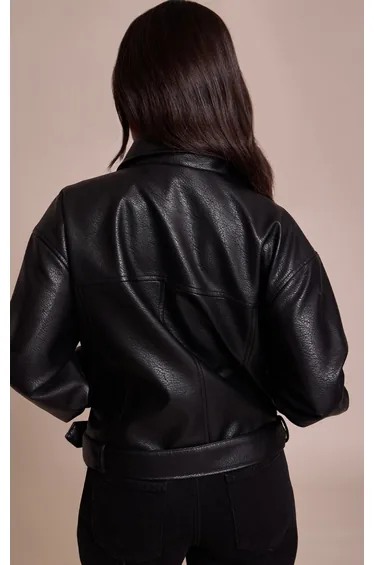 Petite Black Faux Leather Oversized Biker Jacket