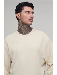 Tall Oversized Boxy Waffle Long Sleeve Henley - beige - 1