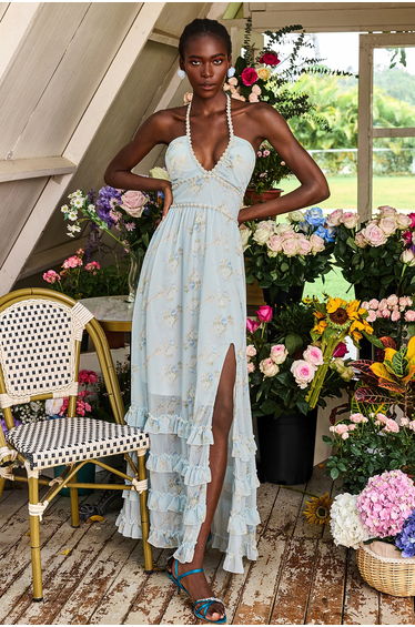 Bérengère Floral Faux Pearl Frill Split Maxi Dress