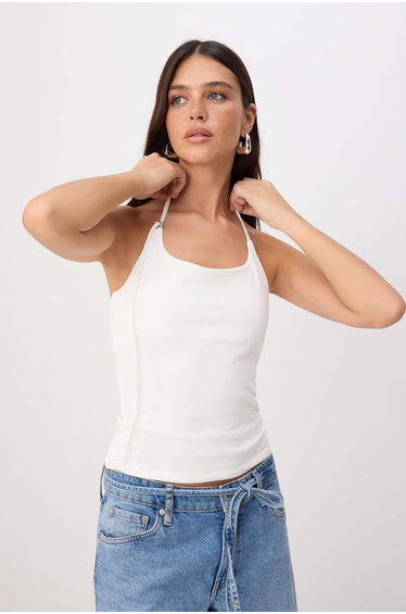 Ecru Plain Fitted Halter Neck Spaghetti Strap Sleeveless P Cotton U E Stretchy Knitted Undershirt