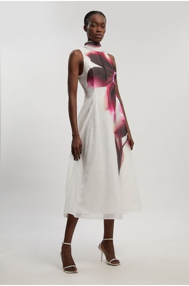 Petite Photographic floral organza scarf detail woven maxi dress