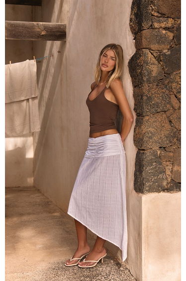 White Linen Waistband Detail Asymmetric Maxi Skirt