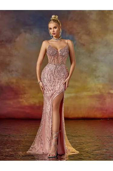 Leely Sexy Sparkly Thin-Strap Intricate Beaded Embroidery High-Slit Mermaid Evening Gown