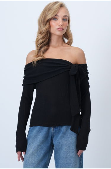Women's Black Carmen Collar Bow Tie Knitted Blouse