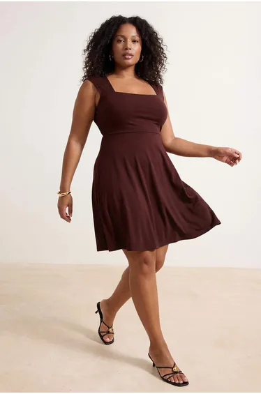 Brown Square Collar Skater Sandy Plus Size Dress
