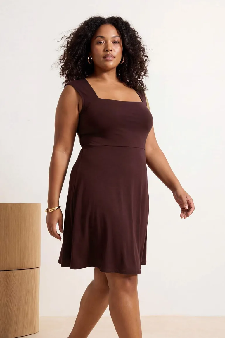 plus size brown skater dress Brown Square Collar Skater Sandy Plus Size Dress Trendyol Curve Brown :  Dresses : VogaCloset Oman