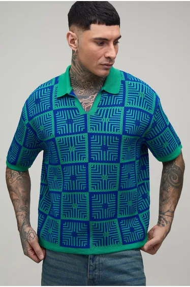 Tall Oversized Boxy Crochet Tapestry Knitted Polo - green