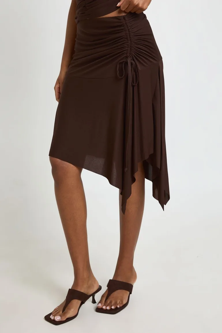 Modal Ruched Adjustable Tie Flippy Midi Skirt - chocolate - 3