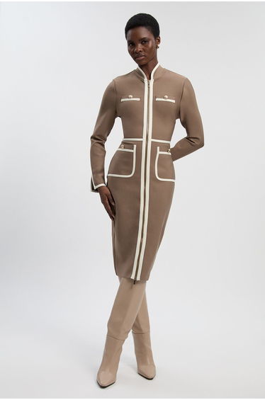 Petite Figure Form Bandage Knit Piping Detail Military Midi Dress