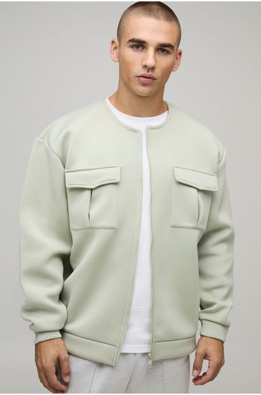 Oversized Bonded Scuba Cargo Pocket Bomber Jacket - sage