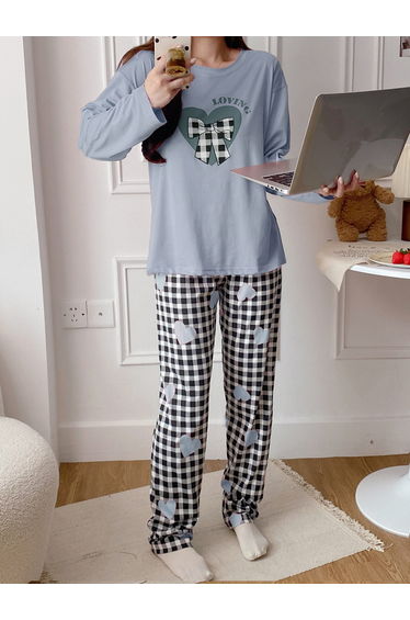 Blue Heart Long Sleeve T-Shirt and Checked Pyjama Set