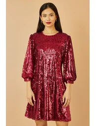 Yumi Burgundy Sequin Tunic Dress With Balloon Sleeves - 6