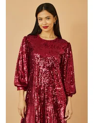 Yumi Burgundy Sequin Tunic Dress With Balloon Sleeves - 4