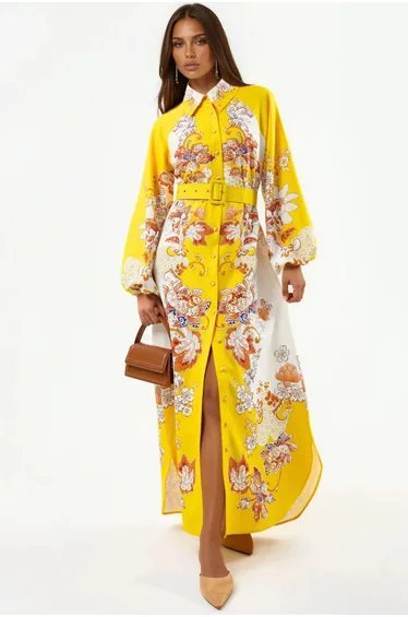 MSN Floral Maxi Dress with Shirt Collar and Tie Closure