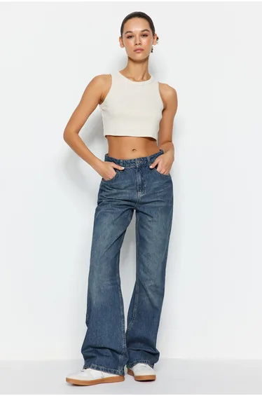 Blue Faded Effect Vintage High Waist Wide Leg Jeans