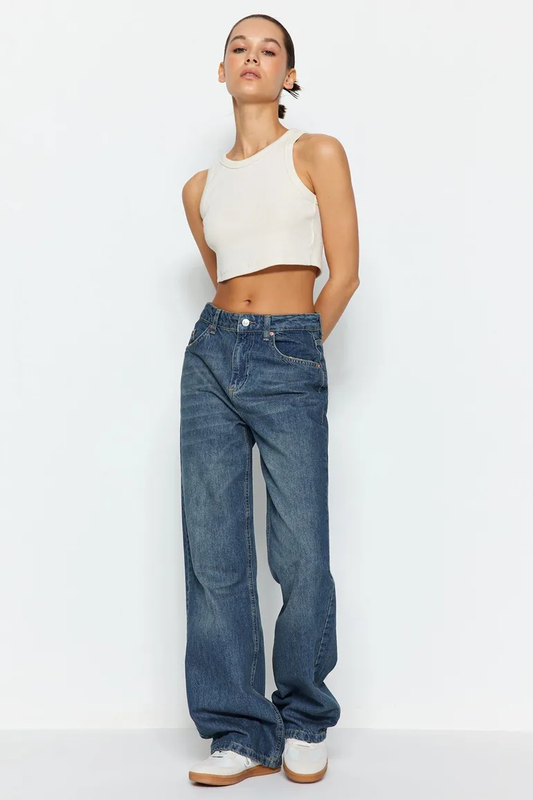 Blue Faded Effect Vintage High Waist Wide Leg Jeans - 1